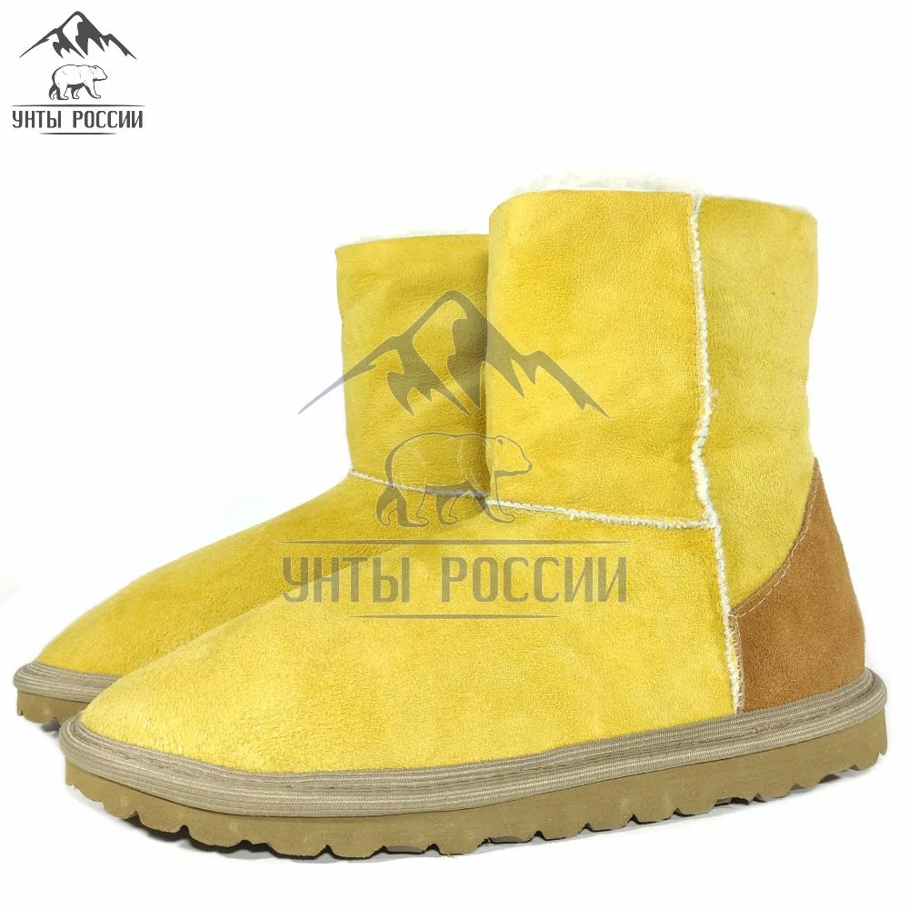 Угги из натуральной дублёной овчины желтые с коричневой пяткой, артикул 20001