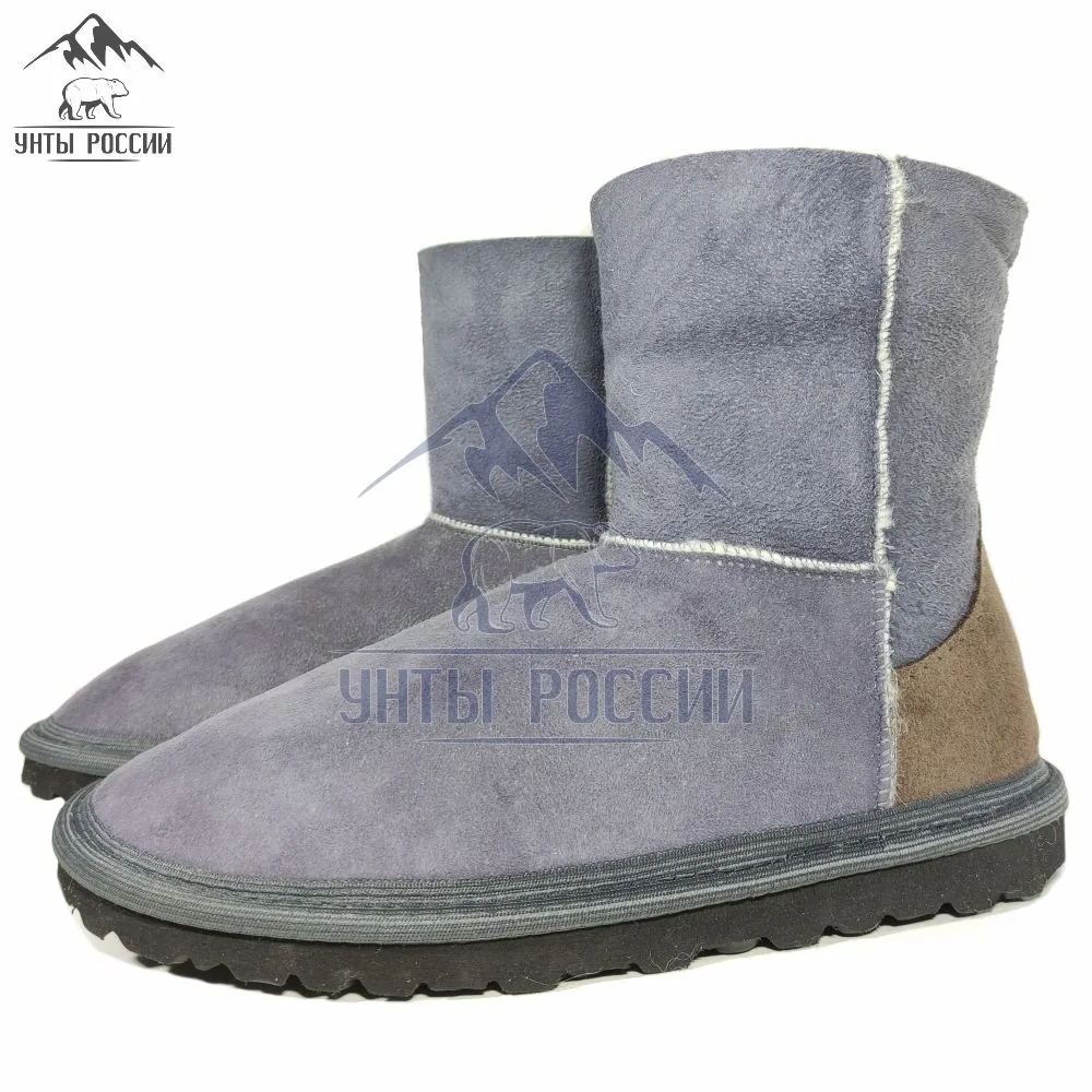 Угги из натуральной дублёной овчины серые с коричневой пяткой, артикул 20008