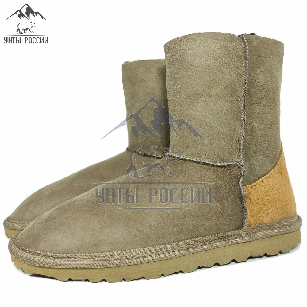 Угги из натуральной дублёной овчины хаки с коричневой пяткой, артикул 20009