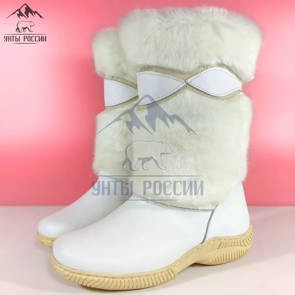Унты женские натуральные белые кожаные, литая подошва, артикул 60058